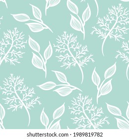 Abstract line leaves seamless patterns. Design for paper, cover, fabric, interior decor and other users. Cute pattern in small flower and herbs. Mint background.