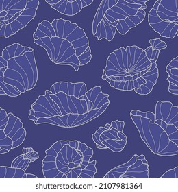 Abstract line lotos seamless pattern. Blue flowers, indigo floral plants. Textile or fabric, decorative print for wrapping and wallpaper. Vintage vector background design