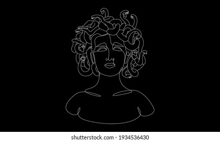 Resumen de la línea del retrato de Medusa Gorgon. Mínima cara femenina de una línea, arte moderno para afiches, historia, tatuaje. Ilustración del vector