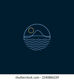 Abstract line mount on the wave and sun vector.
