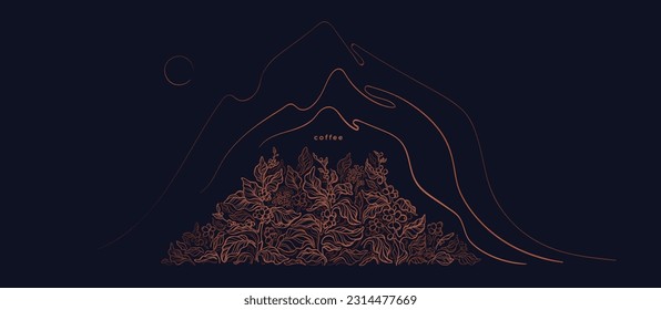 Abstract line mountain, america hill and coffee plantation. Vector texture background, sketch landscape.