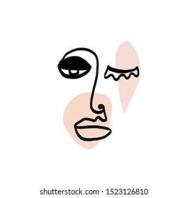 Abstract line naiv  face. Contemporary drawing in modern cubism style. Portrait of a woman face isolated on colorful pastel textures with shapes.
