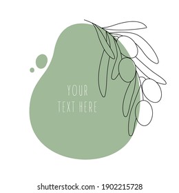 Abstract line olive leaf.Green olive leaf contour drawing. Modern minimal black and white botanical illustration. Background template with space for text.