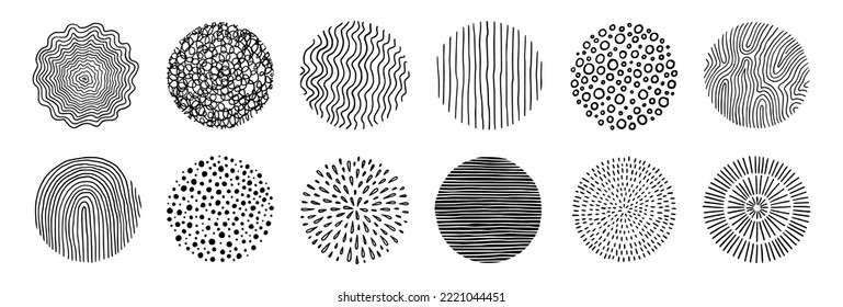 Abstract line pattern circle set. Hand drawn texture, doodle decorative line, spiral, scribble graphic round element. Circle drawn brush grunge texture. Vector illustration