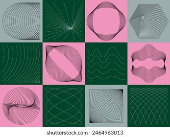 Abstract line pattern collection warped striped background vector curved twisted slanting waved Lissajous music graph mosaic graphic design line art blend design geometric radial shape elements color