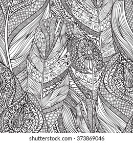 Abstract line pattern Ornamental ethnic decorative feather black and white seamless pattern. Stylish abstract geometric floral plant vector background