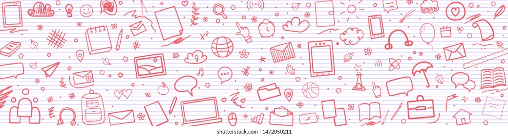 Abstract line pattern with school supplies. Graphic stripe paper background. Striped texture. Back to school. Hand drawn line backdrop. Education concept