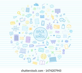 Abstract line pattern with school supplies. Graphic stripe paper background. Striped texture. Back to school. Hand drawn line backdrop