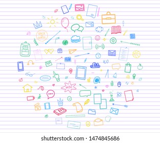 Abstract line pattern with school supplies. Graphic paper background. Striped texture. Back to school. Hand drawn backdrop with lines. Education concept