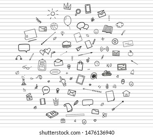 Abstract line pattern with school supplies. Graphic paper background. Back to school. Hand drawn elements. Education concept. Black and white illustration