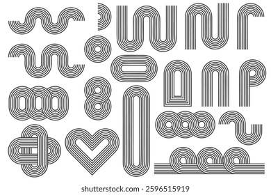 Abstract line pattern shapes. Retro geometric design elements with rainbow arches and wavy organic figures. Vector modern striped graphic for minimal poster. 70s aesthetic outline illustrations set