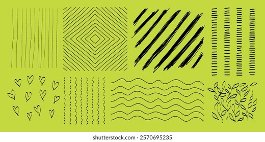 Abstract line patterns on a bright green background. Includes diagonal, wavy, and vertical lines, plus heart and leaf motifs. Bold, dynamic line designs. Hand drawn patterns, vector set.