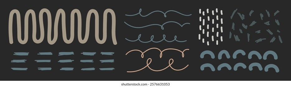 Abstract line patterns in various styles and colors. Curved, wavy, and dashed lines create dynamic abstract designs. Versatile abstract line art. Doodle illustrations, vector set.