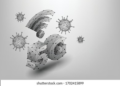 Abstract Line And Point 5G WiFi Sign With Coronavirus. Myth About Connection Internet And COVID_19. Polygonal High-speed Mobile Internet. 