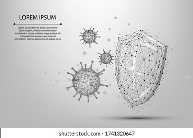 Abstract Line And Point Coronavirus Cell Near Shield. Low Poly Immunology, New Strain Epidemic, Protection From Virus Vector Illustration. Abstract Polygonal Image COVID-19 (2019-nCoV)