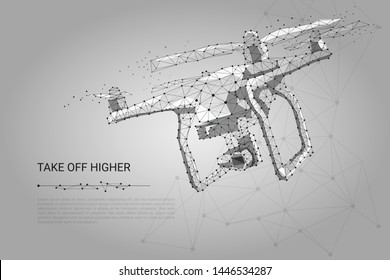 Abstract line and point drone. Drone flying with action video camera on gray. Polygonal low poly background with connecting dots and lines. Vector illustration connection structure.