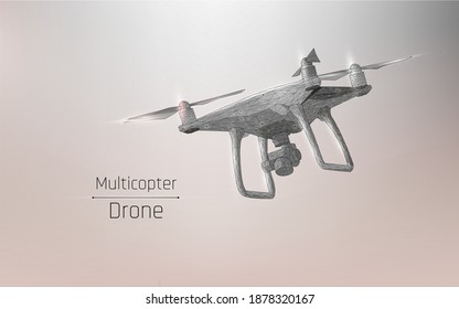 Línea abstracta y punto drone. Drones volando con cámara de video de acción sobre blanco. Fondo poligonal de polos bajos con puntos de conexión y líneas. Estructura de conexión de la ilustración del vector. alambre,plexus
