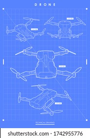 Línea abstracta y punto drone. Plantilla moderna para web e impresión. Concepto de equipo de alta tecnología. dibujo técnico.