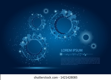 Abstract line and point gear on dark blue night sky with stars. Polygonal low poly background with connecting dots and lines. Vector illustration connection structure