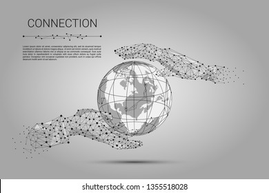 Abstract line and point grey hands connection whith planet. Polygonal low poly background with connecting dots and lines. Illustration connection structure. Vector on grey background