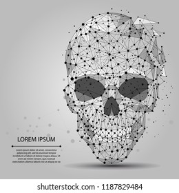 Abstract line and point grey skull. Polygonal low poly halloween background with connecting dots and lines. Medecine connection structure. Vector illustration.