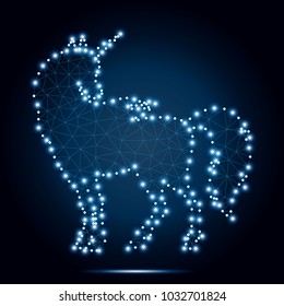 Abstract line and point magic unicorn. Symbol of dream. Isolated on blue. Internet technology icon triangle polygonal wireframe concept. Unicorn low poly design with connecting dots. 