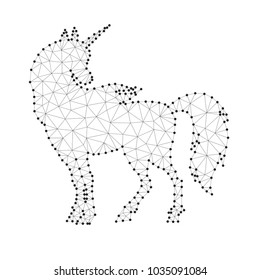 Abstract line and point magic unicorn. Symbol of dream. Isolated on white. Internet technology icon triangle polygonal wireframe concept. Unicorn low poly design with connecting dots. 