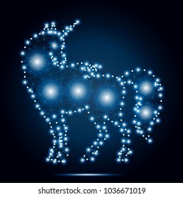 Abstract line and point magic unicorn. Symbol of dream. Isolated on blue. Internet technology icon triangle polygonal wireframe concept. Unicorn low poly design with connecting dots. 