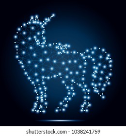 Abstract line and point magic unicorn. Symbol of dream. Isolated on blue. Internet technology icon triangle polygonal wireframe concept. Unicorn low poly design with connecting dots. 