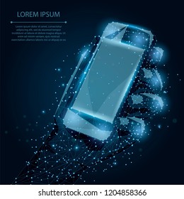 Abstract line and point Mobile phone with empty screen, holding by man hand. Communication app smartphone concept on dark blue night sky with stars. Polygonal low poly background with connecting dots 