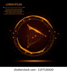 Abstract line and point play video icon on dark brown night sky with stars. Polygonal low poly background with connecting dots and lines. Vector illustration connection structure. 