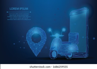 Abstract line and point Scooter with delivery. Fast courier. Restaurant food service, mail delivery service, a postal employee the determination of geolocation using electronic device