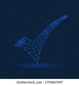 abstract line polygonal low poly check mark illustration on blue background. digital web, internet design.