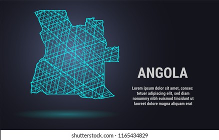 An abstract line polygonal map on a dark background. Wireframe 3D mesh polygonal network line, design sphere, dot, and structure. communications map of Angola. Vector. EPS 10