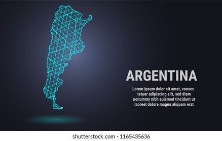 An abstract line polygonal map on a dark background. Wireframe 3D mesh polygonal network line, design sphere, dot, and structure. communications map of Argentina. Vector. EPS 10