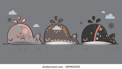 Abstract line pop art collection Bohemian style with whales cartoon elements