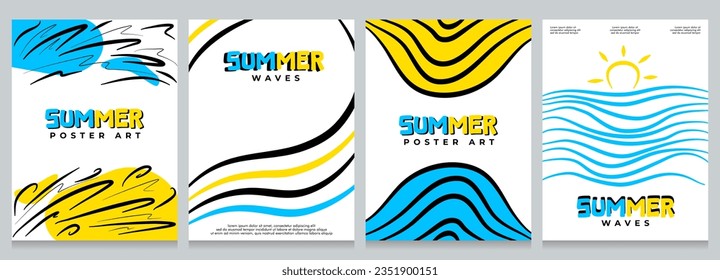 Abstract line poster street art background collection. Artistic covers set in hand drawn graffiti style. Summer wave vector illustration