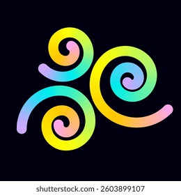 Abstract line, rainbow spiral, curve smooth outline with neon gradient. Empty web banner with swirled colored ribbon, confetti, shape on black background. Vector element EPS10