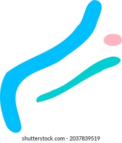 Abstract line, round point. Modern design for creating decor. Bright blue green curve, pink speck. Flat shapes to fill space. Hand-drawn illustration. Simple vector graphics. Contemporary original art