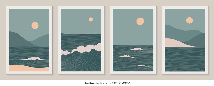 Abstract line sea posters set with Sun, wave, mountains. Contemporary Mid century modern minimalist landscape aesthetic print. Backgrounds in retro asian japanese style. Vector illustrations