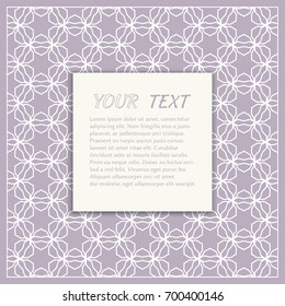 Abstract line seamless geometric pattern with panel for the text. Greeting card or Wedding invitation template. Trendy linear background, lace texture, tribal ethnic arabic, indian decorative ornament