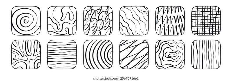 Abstract line set with brush textures and grunge spirals. Hand-drawn geometric patterns and graphic curves for doodle-inspired designs. Flat vector illustration isolated on white background.