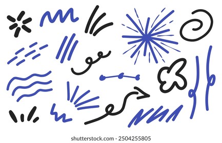 Abstract line. Set of different lines such scribble, curvy line, wave, rounded, fireworks, line connection and arrow for infographic, comic and scribble pad.