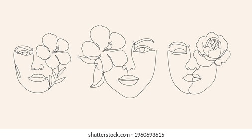 Abstract line set with minimal woman face with flower.One line drawing style.