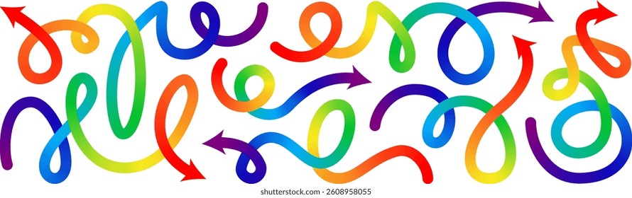 Abstract line shape color gradient arrows. 3d curve wave pattern, happy birthday fluid confetti. Liquid paint spiral swirl squiggle path, dynamic stroke, fun kid trendy ribbon. Carnival celebrate flow