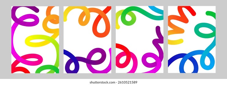 Abstract line shape, color gradient curvy object background. 3d graphic pattern arow element. Happy birthday confetti curly waves vector design. Thick fluid liquid paint change path. Long spiral swirl