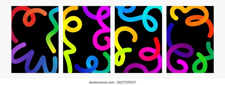 Abstract line shape, color gradient curvy object background. 3d graphic pattern arow element. Happy birthday confetti curly waves vector design. Thick fluid liquid paint change path. Long spiral swirl