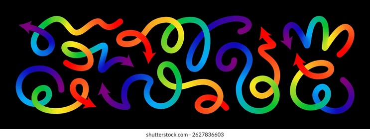 Abstract line shape color gradient arrows. 3d curve wave pattern, happy birthday fluid confetti. Liquid paint spiral swirl squiggle path, dynamic stroke, fun kid trendy ribbon. Carnival celebrate flow