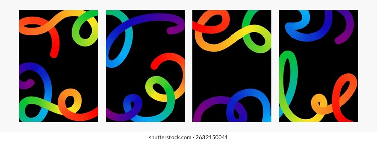 Abstract line shape color gradient bg. 3d graphic pattern fluid wave vector. Liquid spiral swirl, dynamic curved confetti ribbon. Fun vibrant flow, twist rainbow carnival blend. Bright trendy splash