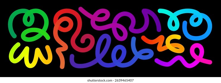 Abstract line shape, color gradient curvy object background. 3d graphic pattern arow element. Happy birthday confetti curly waves vector design. Thick fluid liquid paint change path. Long spiral swirl
